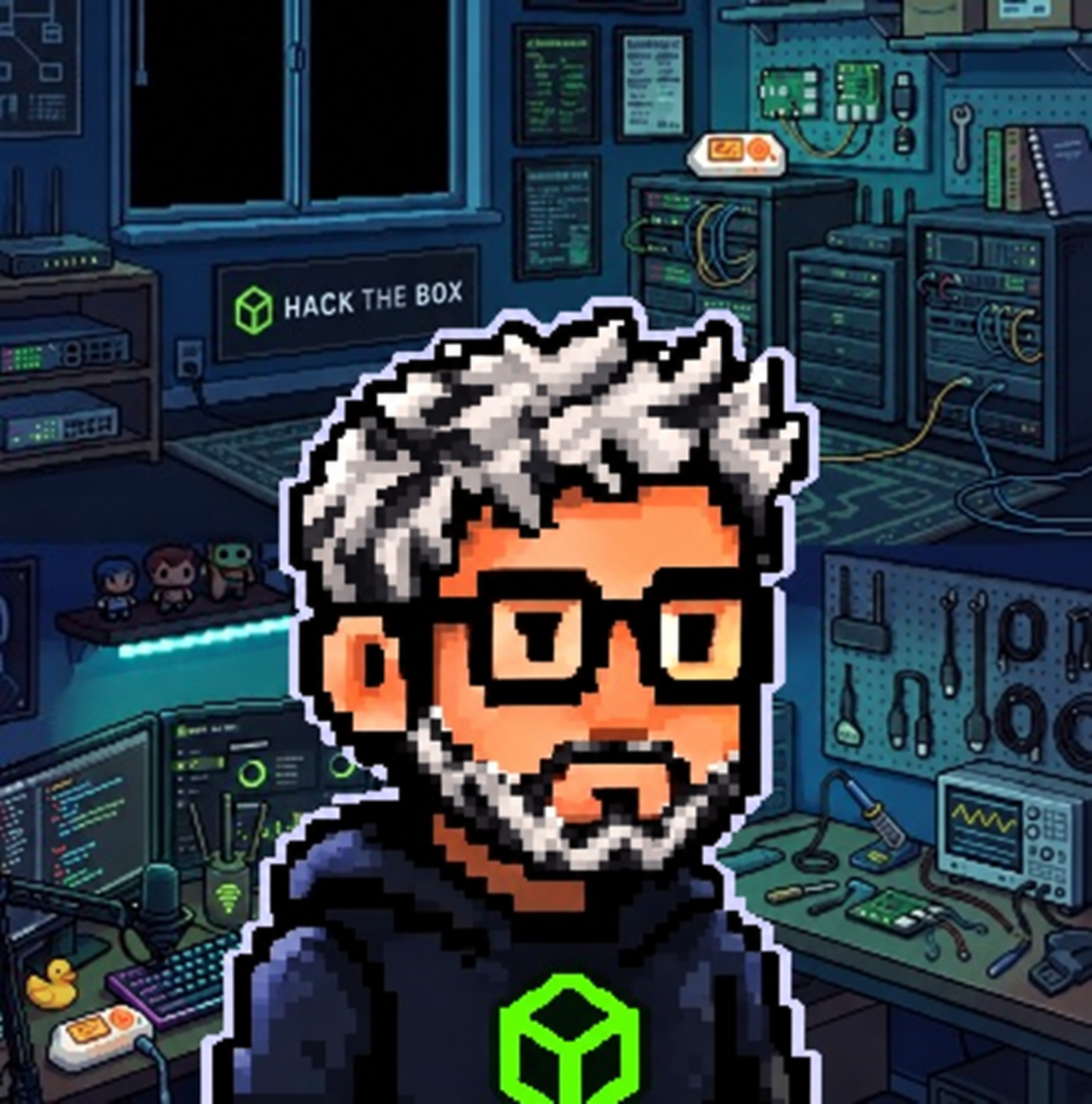 TheCyberGeek's pixel-art avatar: predominantly white hair and beard with black strands, glasses and a dark hoodie.